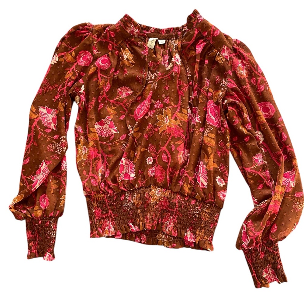 EUC Joie sheer mesh printed boho style floral balloon long sleeve shirt, S